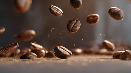 Coffee Bean Burst: Roasted coffee beans suspended mid-air, showcasing their rich, dark color and smooth texture against a muted background.