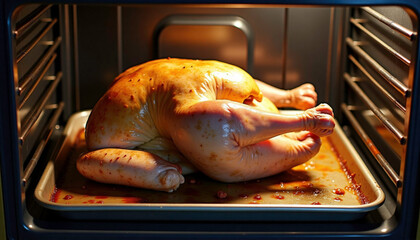 Golden roasted chicken in the oven on a baking tray with juices and seasonings 
