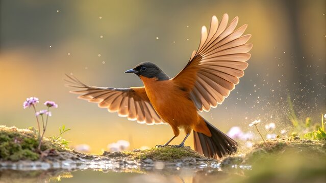 Rufous Sibia Bird Flying with Spread Wings and Colorful Blurred Background
