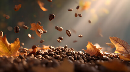 Autumnal Coffee Beans: A visually striking close-up captures the essence of autumn, with coffee beans and fallen leaves suspended in mid-air, illuminated by a ray of sunlight