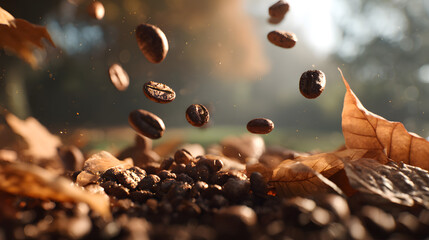 The Dance of Aroma: Captivating image of roasted coffee beans suspended in mid-air against the backdrop of a blurred landscape. capturing the essence of the perfect brew.