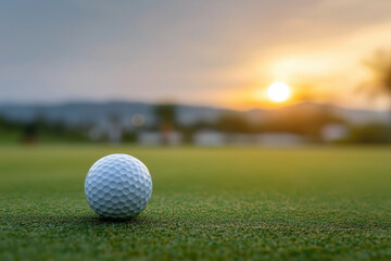 Golf ball on green in beautiful golf course at sunset