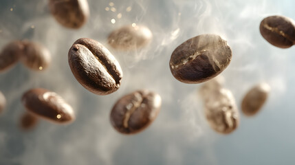 Aromatic Coffee Beans: A close-up shot of freshly roasted coffee beans suspended in mid-air, their rich, brown surfaces gleaming and a subtle cloud of steam.