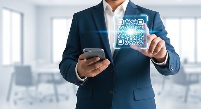 Man in suit holding phone scanning digital code image