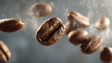 Coffee Bean Aroma: A close-up captures the essence of freshly roasted coffee beans, showcasing their rich, textured surfaces as fragrant steam swirls around them. Experience the warm.