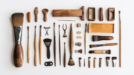 Elegant artisan arrangement showcasing a variety of vintage painting tools on white