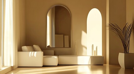 Beige minimalist living room with arched windows and a large mirror