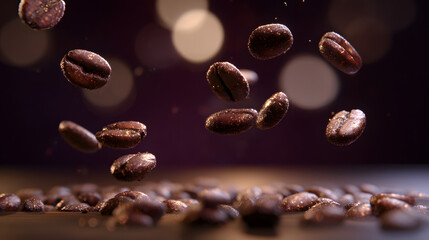 Coffee Beans in Motion: Roasted coffee beans suspended in mid-air against a dark background, creating a dynamic and visually stunning image perfect for coffee-related projects. 