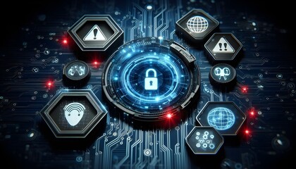 Obraz premium Cybersecurity threat alert with digital warning icons and AI symbols on a futuristic tech background concept for data protection and risk management. 3D Rendering