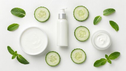 Moisturizer cream container aloevera lemon cucumber slices white background. top view