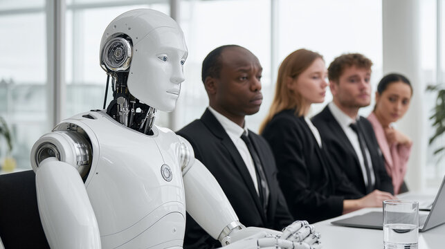 Robot sitting with business people in office meeting. Artificial intelligence automation replacing human workers in corporate workplace future technology concept.