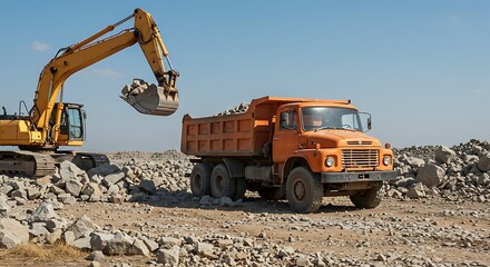 Obraz premium Excavator Loading Dump Truck in Quarry