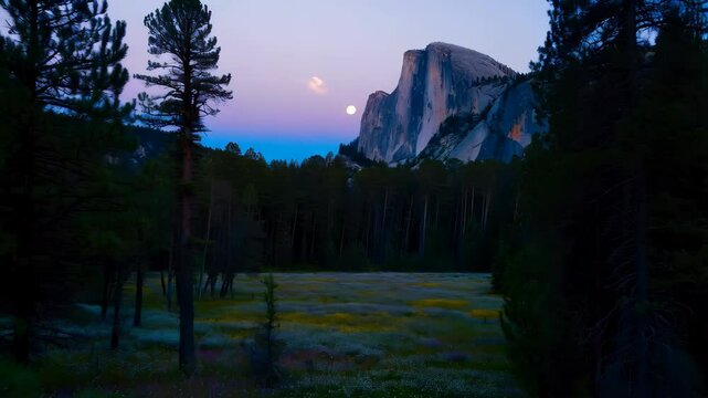 Yosemite valley moonset over half dome with wildflowers