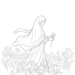  "Muslim Girl Picking Flowers in Garden – Peaceful Nature Moment"
