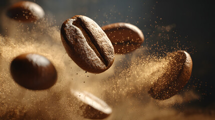 Aromatic Dance of Coffee Beans: A captivating image presents coffee beans in mid-air, with an artistic expression of their captivating texture and the fine powder that releases their intense aromas.