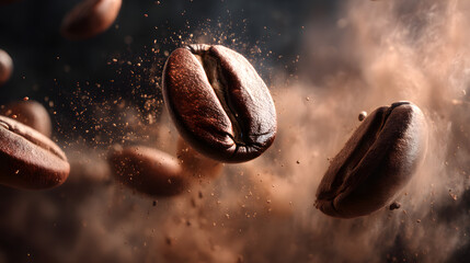 Aromatic Flight: Roasted coffee beans burst into a cloud of delicious powder, showcasing the rich texture and inviting aroma, capturing the essence of a perfect cup.