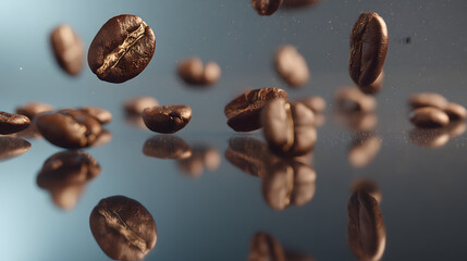 Coffee Bean Cascade: A dynamic flurry of glistening brown coffee beans plummets gracefully. The image captures aroma and freshness, in a high-definition photo.