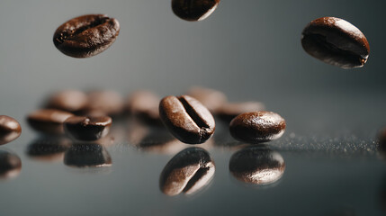 Coffee Beans in Motion: Roasted coffee beans suspended mid-air, showcasing their rich, dark brown color and alluring texture against a dark reflective surface.