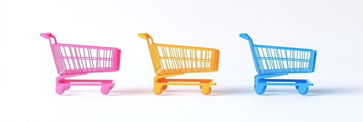 Three colorful shopping carts on a white background