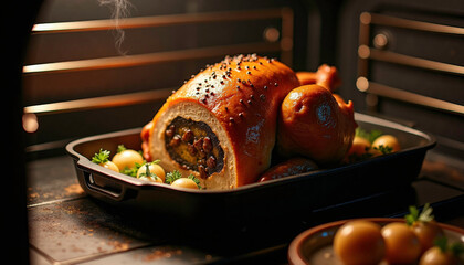 Succulent stuffed roast in the oven with herbs and vegetables, showcasing a warm cooking scene 
