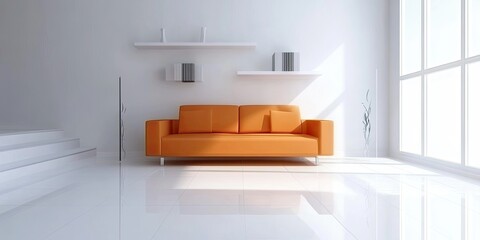Modern living room with orange sofa and white accents