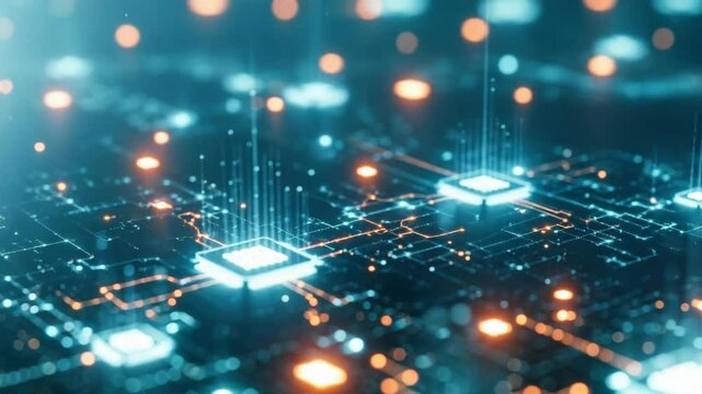 close-up of a glowing circuit board with active processors and flowing data, for high-speed computing, artificial intelligence, and advanced technological infrastructure