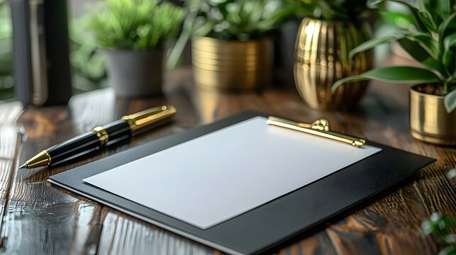 Organized workspace with blank gift card and golden pen