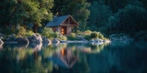 Fototapeta premium Serene Digital Wallpaper of Small Lakeside Cabin Amidst Nature