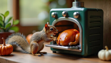 Cute squirrel interacting with a toy oven holding a roasted chicken and decorated with pumpkins 
