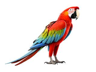 Fototapeta premium Scarlet macaw parrot with vivid red blue yellow feathers perched gracefully isolated on transparent background