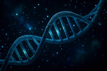 A captivating rendering showcases a DNA strand against a cosmic backdrop, representing genetics and biotechnology.
