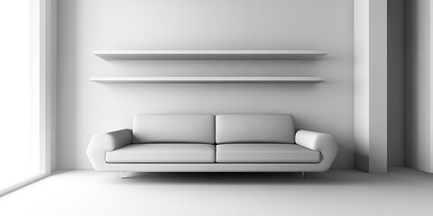 Minimalist, white living room with two shelves and a couch