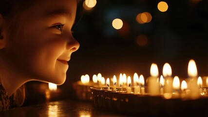 Little girl smiling at the candles, creating a warm and festive atmosphere.