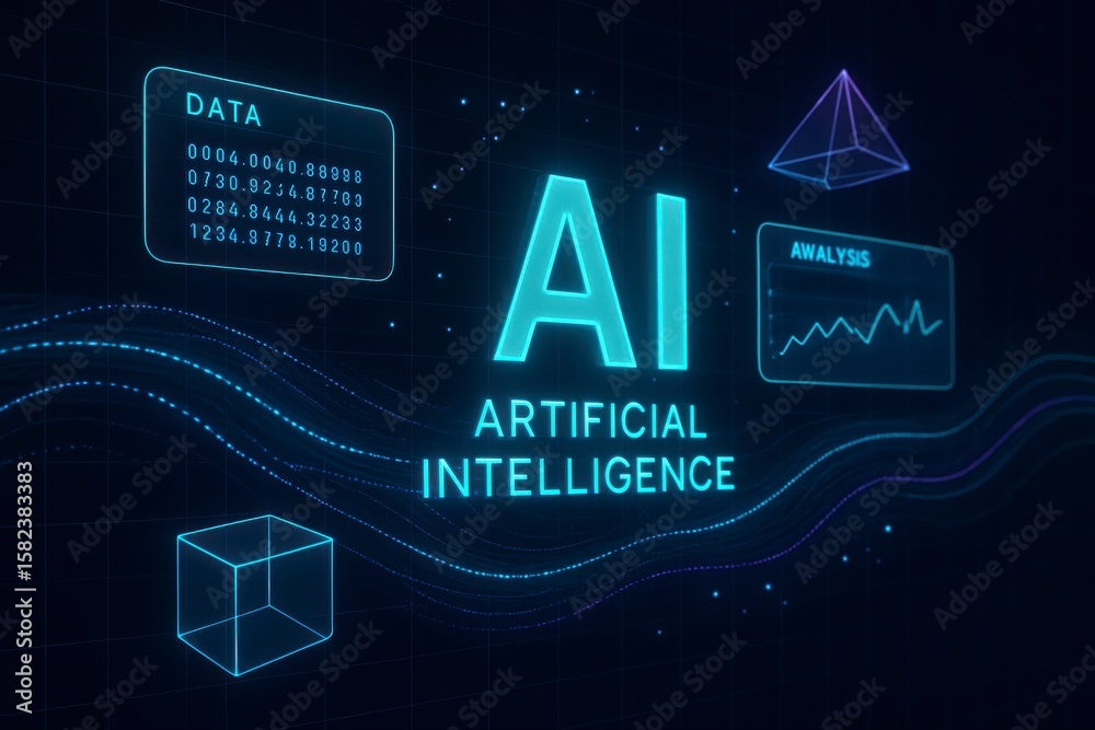 Fototapete artificial intelligence technology shows neon glowing text with data and analysis on dark background