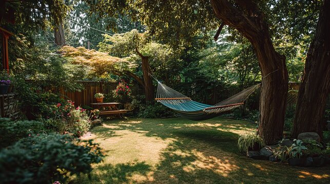 A serene backyard scene featuring a hammock suspended between trees in a lush garden, inviting relaxation.