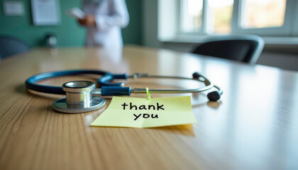 Sticky note with "thank you" on a table next to a stethoscope in a medical office 
