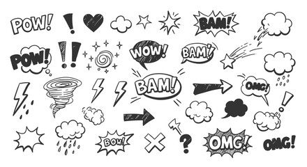 A set of handdrawn comic speech bubbles and effects showcases dynamic expressions like pow, bam, and wow, along with stars, clouds, and arrows