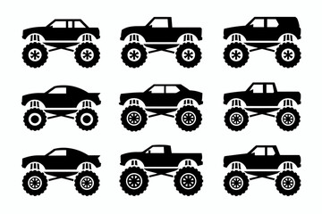 Fototapeta premium Nine black silhouette illustrations of monster trucks with oversized tires, showcasing various car and truck body styles.