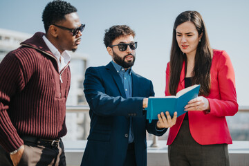 Group of three business people discussing plans and ideas together in a sunny outdoor setting,...