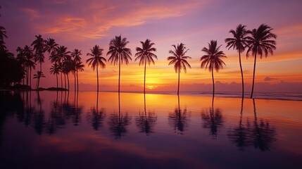 Obraz premium Exotic ocean sunset with calm palm silhouettes.