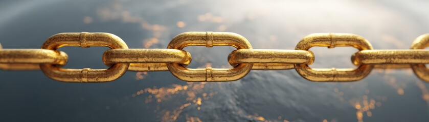 Naklejka premium Global Trade Barriers and Economic Sanctions Impact, Golden chain links glimmer against a dark, reflective background, symbolizing strength and connection.