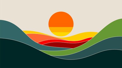 Photo of abstract landscape features a vibrant sunset over layered mountains
