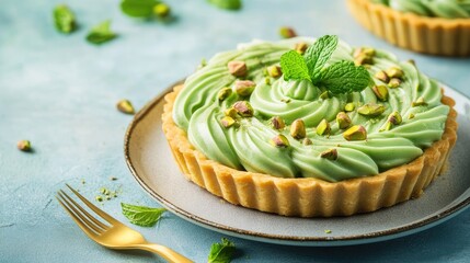 Pistachio tarts on a plate.  Fresh mint garnish