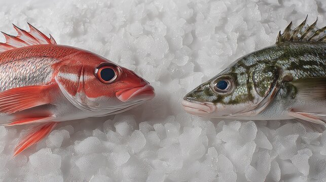Fresh Red Snapper and Greenling Fish with Spiny Fins on Crushed Ice in a Seafood Market Display for Freshness and Quality