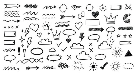 A collection of handdrawn doodle elements includes arrows, hearts, stars, and speech bubbles, perfect for adding a playful touch to designs