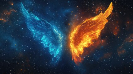 Two wings, one blue ice, one fiery orange, against a starry cosmic background