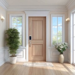 Bright Entryway with Light Wooden Door and Potted Plants