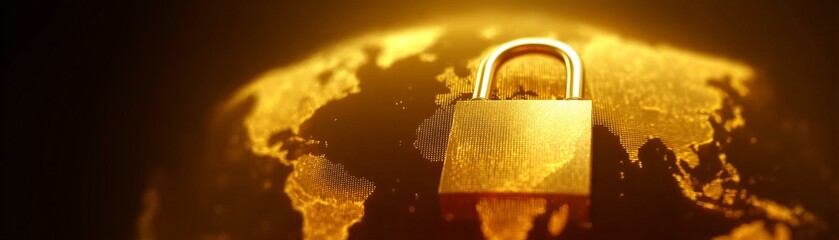 Global Trade Barriers and Economic Sanctions Impact, A golden padlock over a glowing map, symbolizing security and protection in a digital world.