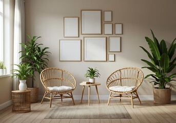 Interior scene with wicker chairs, potted plants, and blank picture frames on the wall.