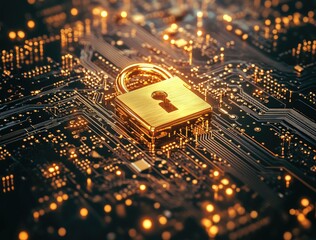 Golden padlock on a glowing circuit board